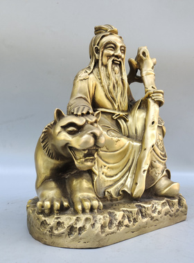 黄铜中式佛堂山神爷骑虎铜像摆件