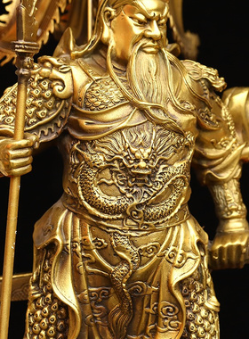 黄铜招财背旗竖刀九龙关公摆件