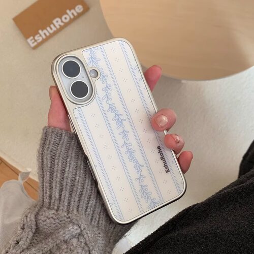 EshuRohe法式奶油黄条纹碎花简约苹果iPhone17手机壳16promax小众原创高级感15plus14新款13银框亮面新款磁吸 - 图2