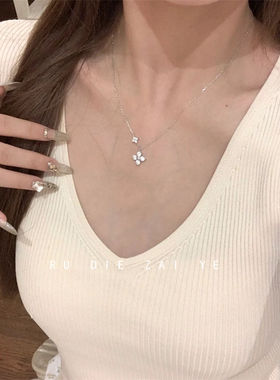 桃思竹双笙锆石花朵项链