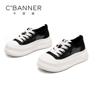 千百度女鞋夏季新款凉鞋女透气网面小白鞋休闲百搭帆布鞋软底板鞋