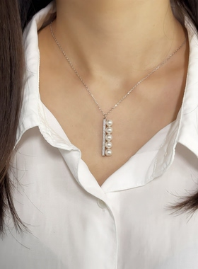 任嘉伦同款T家平衡木珍珠项链S925银竖立五珠轻奢百搭高级感