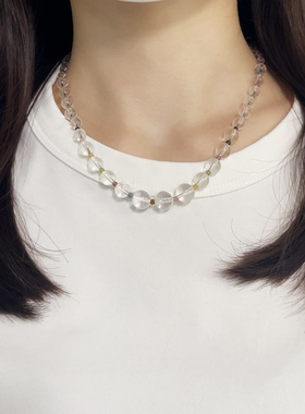 天然白水晶彩色锁骨链女夏天简约百搭小众高级感水晶串珠项链