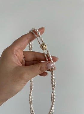 双层扭扭珍珠项链女S925银法式复古太阳花扣正圆强光双层锁骨链