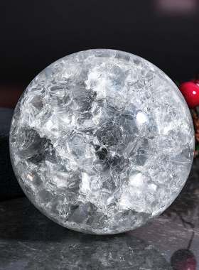 白水晶冰裂球摆件假山流水盆景喷泉盆景裂纹球家居装饰客厅气泡球