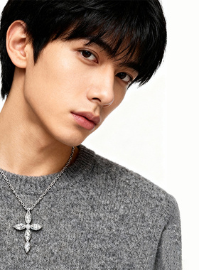 S925银马眼十字架毛衣链男