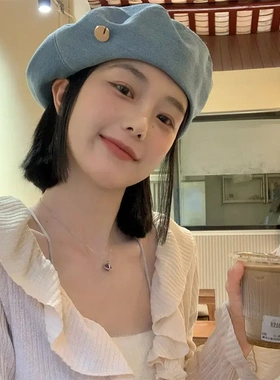 蓝色牛仔贝雷帽女春秋款大头围