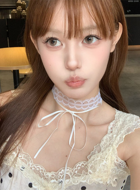 纯欲风白色蕾丝蝴蝶结绑带项链