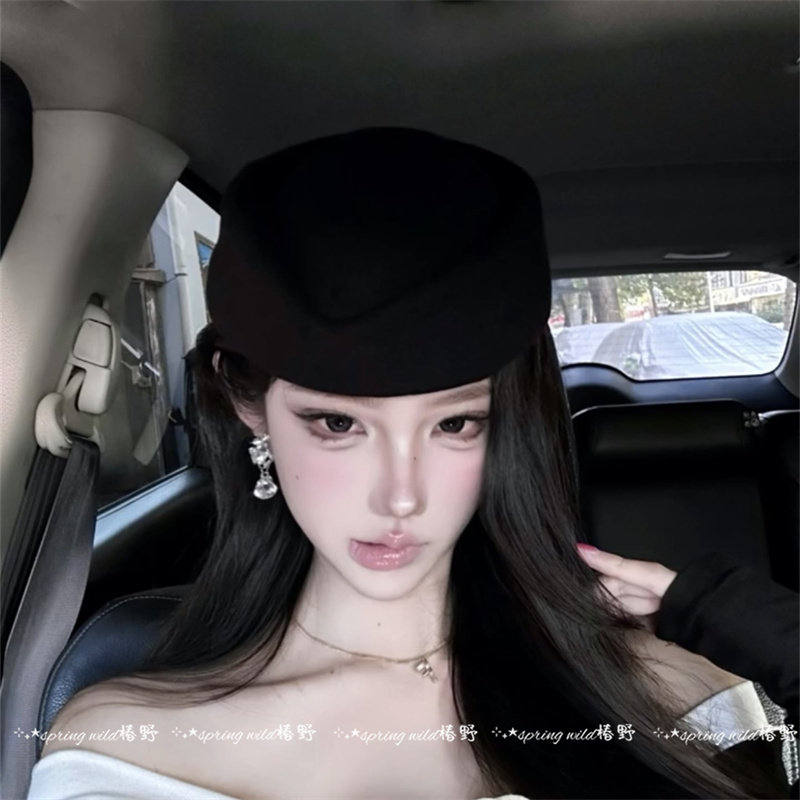 复古赫本风黑色平顶小礼帽女法式优雅辣妹贝雷帽高级感制服空姐帽