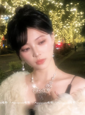 法式超闪满钻水滴花朵项链耳环