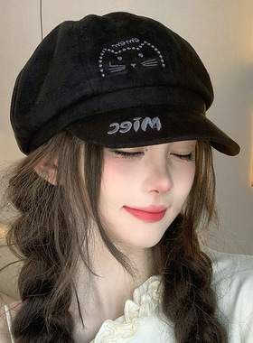 美拉德麂皮绒卡通猫咪贝雷帽女秋冬季防晒显脸小百搭鸭舌报童帽