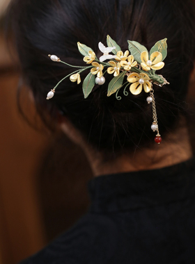 古风黄色缠花桂花发夹汉服头饰品