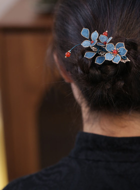 中式蓝色花朵掐丝发夹汉服发饰品