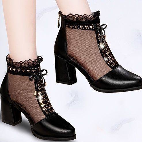 啄木鸟真皮妈妈网纱鞋2025春夏爆款高跟凉鞋粗跟防滑镂空凉鞋女,淘宝优惠券,粉丝福利购,淘宝优惠卷