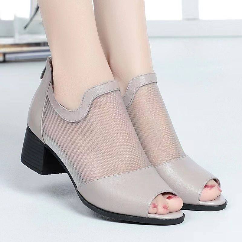 跃臣正品真软皮中跟网纱单鞋女春夏透气镂空爆款防滑外穿鱼嘴凉鞋,淘宝优惠券,粉丝福利购,淘宝优惠卷