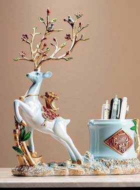 2023年新款麋鹿摆件带毛笔y筒收纳桶 书法家书房桌面实用性装饰品