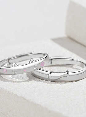 S925银猫与鱼可爱少女心情侣对戒