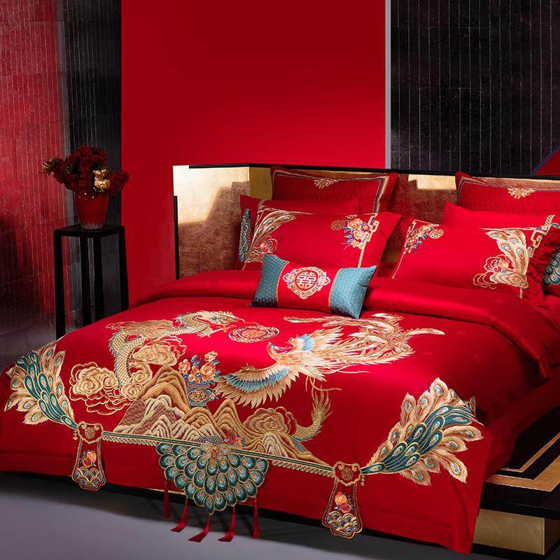 奢华龙凤刺绣高端婚庆全棉四件套 红色陪嫁高档喜被结婚床上用品,淘宝优惠券,粉丝福利购,淘宝优惠卷