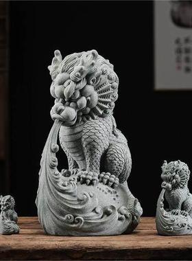 青砂石国潮风鱼缸造景招财吸水神兽客厅玄关茶室桌面茶宠茶玩摆件