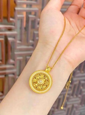 覆古彷黄金色满钻如意圆盘吊坠项
