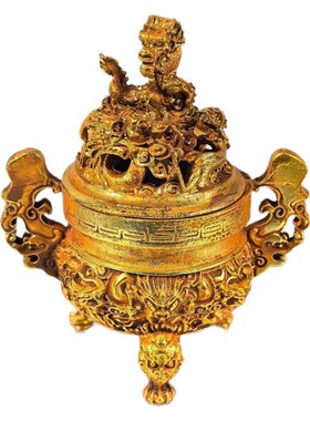 速发实用古玩收藏鎏金三足薰龙戏珠香公炉家居办二摆件