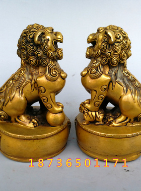 速发纯铜狮子小摆件黄铜对鼓狮鼓把件兽头装古玩铜器家居子饰品摆