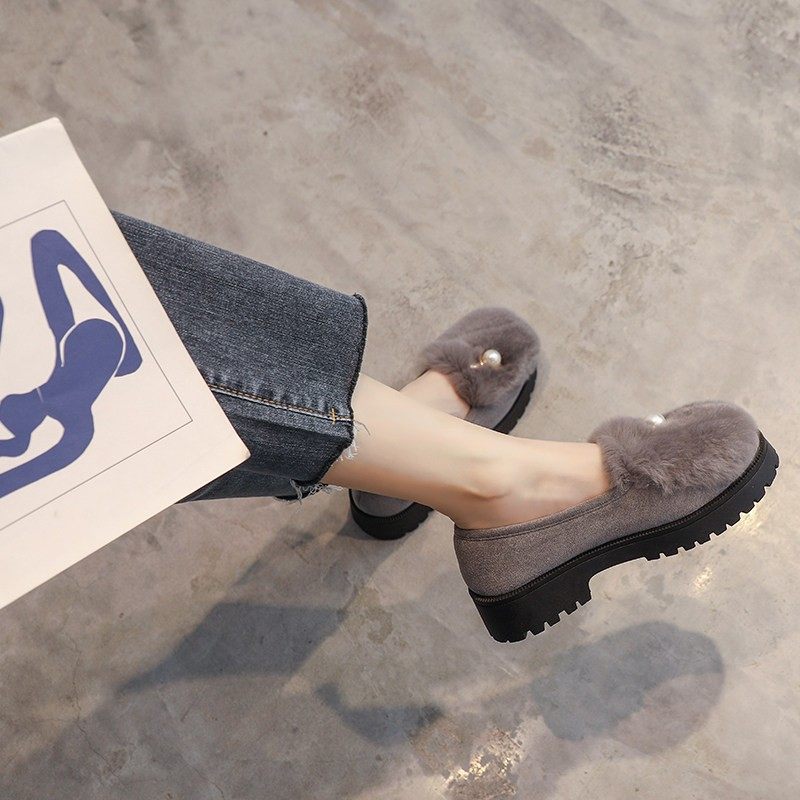 【兔毛绒】毛毛鞋女2025秋冬新款软底浅口增高棉鞋粗跟厚底豆豆鞋,淘宝优惠券,粉丝福利购,淘宝优惠卷