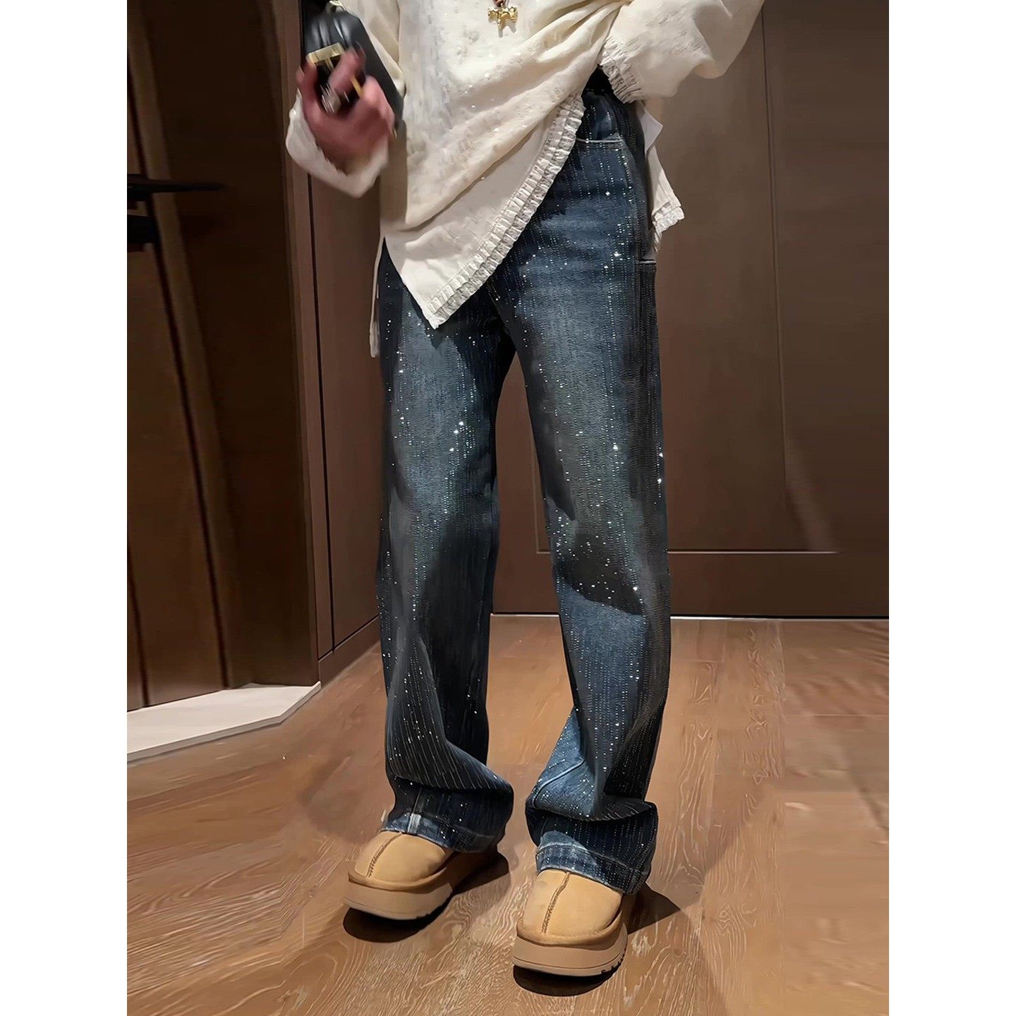 高级感细闪烫钻牛仔加绒裤子女冬季2025新款高腰显瘦设计感阔腿裤,淘宝优惠券,粉丝福利购,淘宝优惠卷