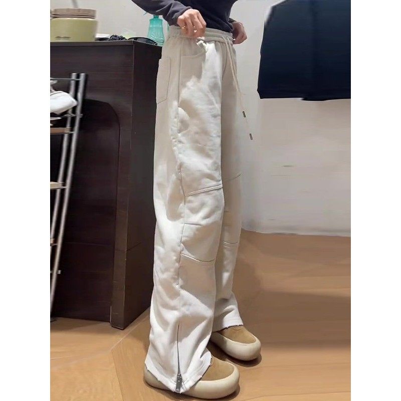 白色加绒松紧腰直筒裤女2025冬季新款大码宽松显瘦百搭抽绳休闲裤,淘宝优惠券,粉丝福利购,淘宝优惠卷