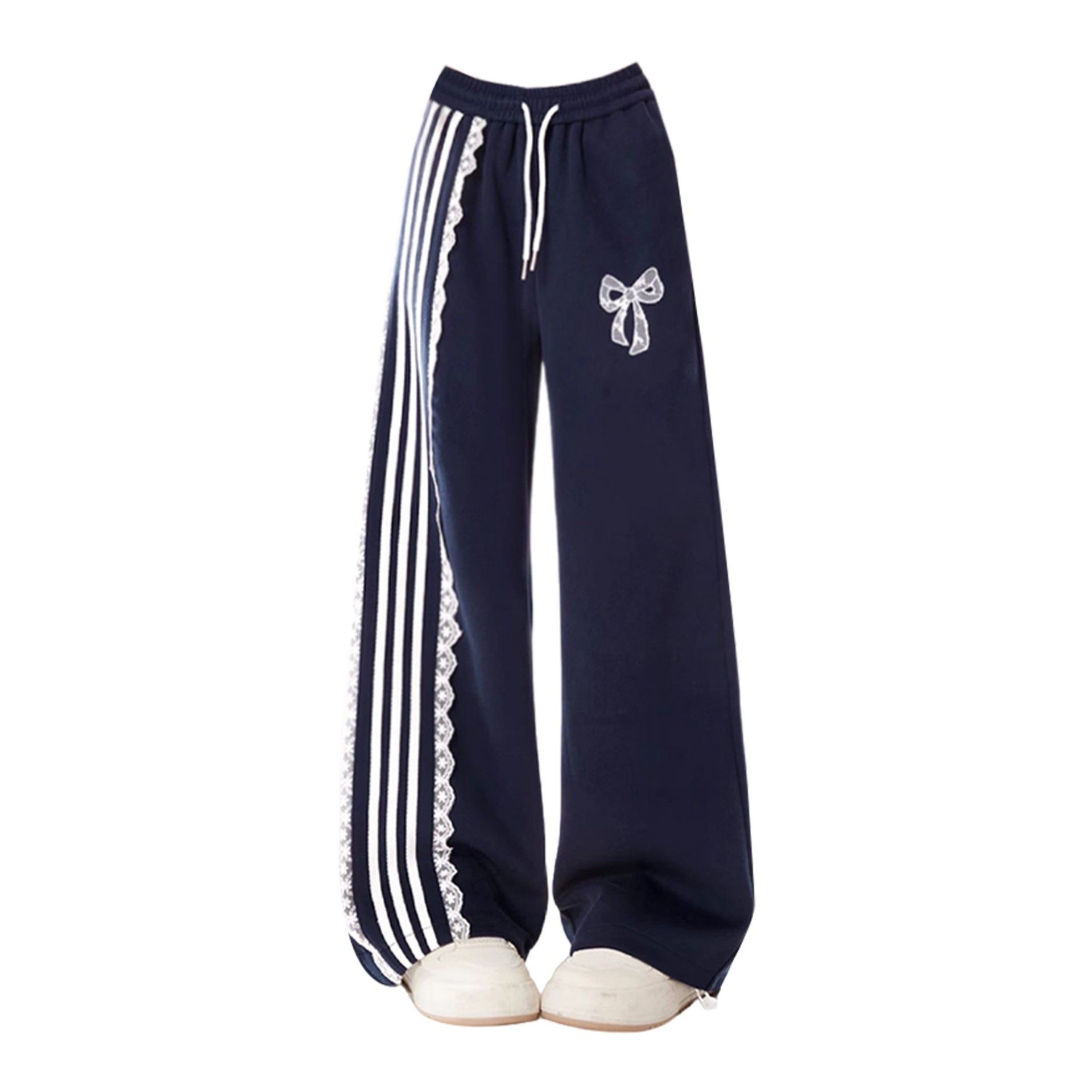 MDCW米兰风美式蕾丝拼接藏青色运动卫裤女春秋新款直筒阔腿休闲裤,淘宝优惠券,粉丝福利购,淘宝优惠卷