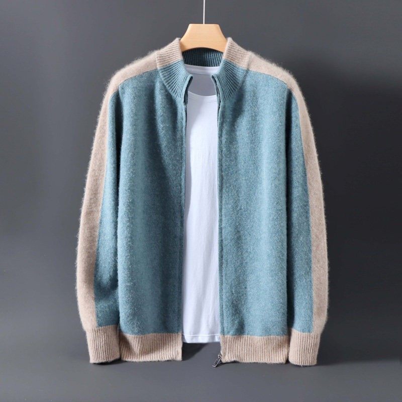 2025秋冬款男士100%纯羊毛拉炼开衫加厚立领拼色百搭羊绒针织外套,淘宝优惠券,粉丝福利购,淘宝优惠卷