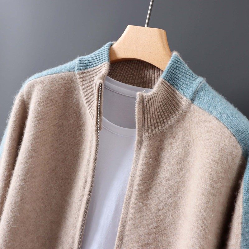 2025秋冬款男士100%纯羊毛拉炼开衫加厚立领拼色百搭羊绒针织外套,淘宝优惠券,粉丝福利购,淘宝优惠卷
