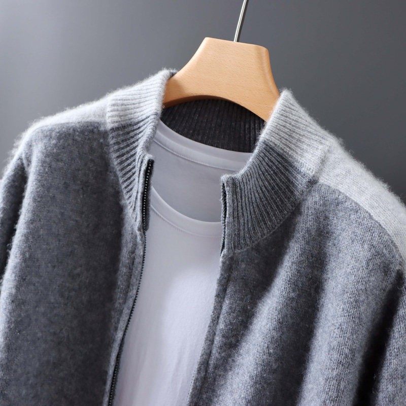 2025秋冬款男士100%纯羊毛拉炼开衫加厚立领拼色百搭羊绒针织外套,淘宝优惠券,粉丝福利购,淘宝优惠卷