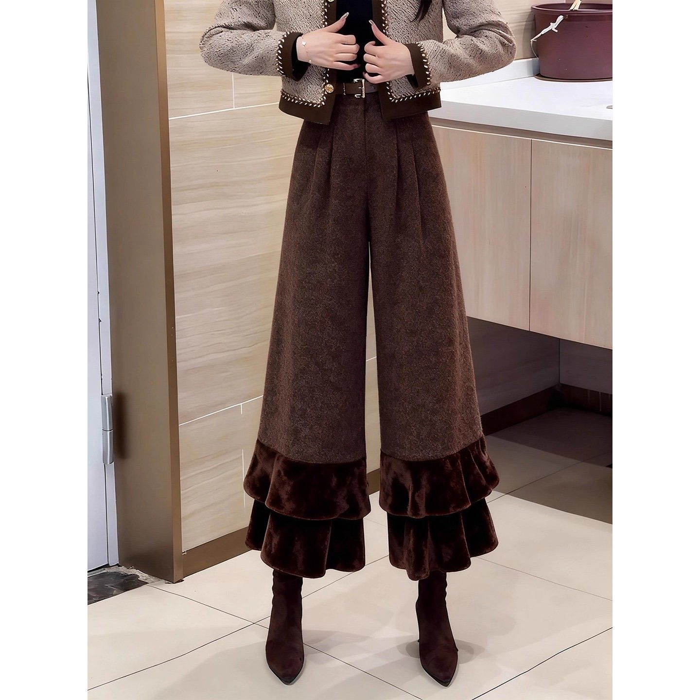 咖色荷叶边拼接毛呢阔腿裤女冬季2025新款宽松加绒设计感九分裤子,淘宝优惠券,粉丝福利购,淘宝优惠卷