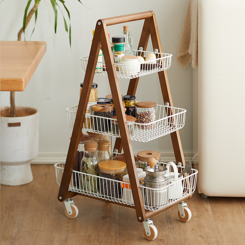 中古风零食小推车客厅多层实木置物架落地可移动厨房果蔬分层收纳 - 图0