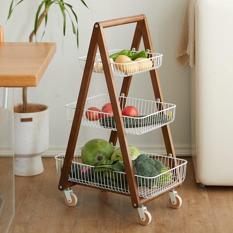 中古风零食小推车客厅多层实木置物架落地可移动厨房果蔬分层收纳 - 图1