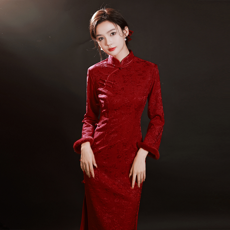 敬酒服旗袍新中式冬季加绒加厚年轻款蕾丝订婚新娘结婚礼服女红色 - 图0