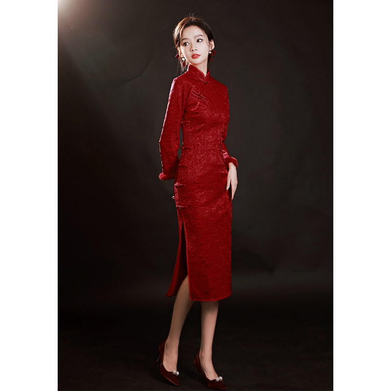 敬酒服旗袍新中式冬季加绒加厚年轻款蕾丝订婚新娘结婚礼服女红色 - 图2