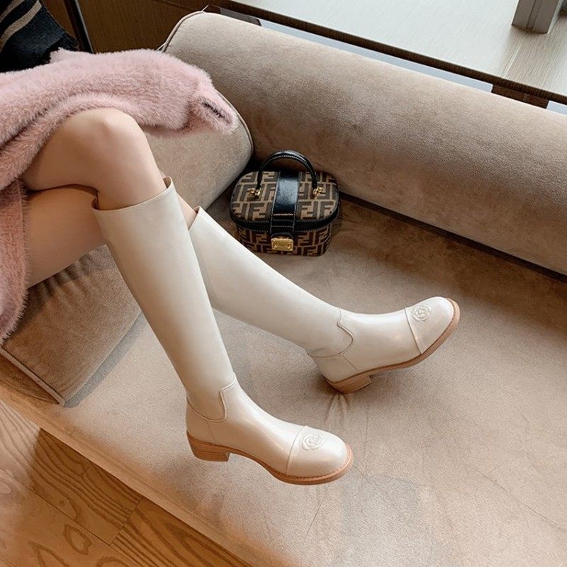 精致时尚！网红小香茶花真皮骑士靴，圆脚趾女士，不超过膝盖高拉,淘宝优惠券,粉丝福利购,淘宝优惠卷