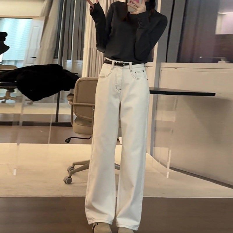 米杏色直筒牛仔裤女秋季2025新款小个子高腰宽松垂感阔腿加绒裤子,淘宝优惠券,粉丝福利购,淘宝优惠卷