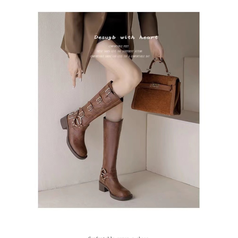 这也太好看了吧~VIMI GREAT 不过膝长筒靴女 真皮复古皮扣骑士靴 - 图3