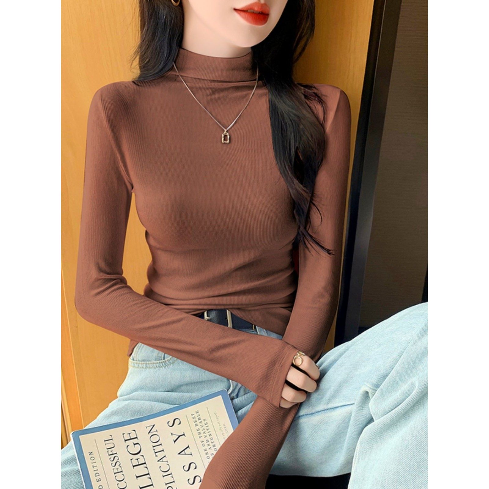 半高领针织打底衫女内搭2025年秋冬新款百搭修身显瘦螺纹洋气上衣,淘宝优惠券,粉丝福利购,淘宝优惠卷