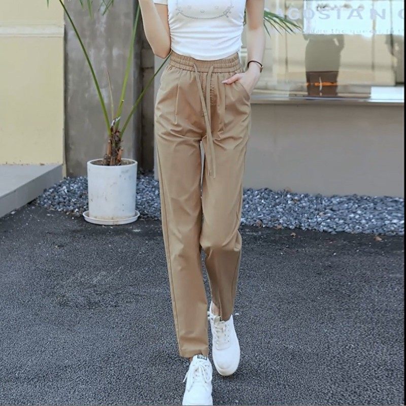 米白裤子夏季薄款哈伦裤女2025新款松紧腰抽绳小个子九分休闲女裤,淘宝优惠券,粉丝福利购,淘宝优惠卷