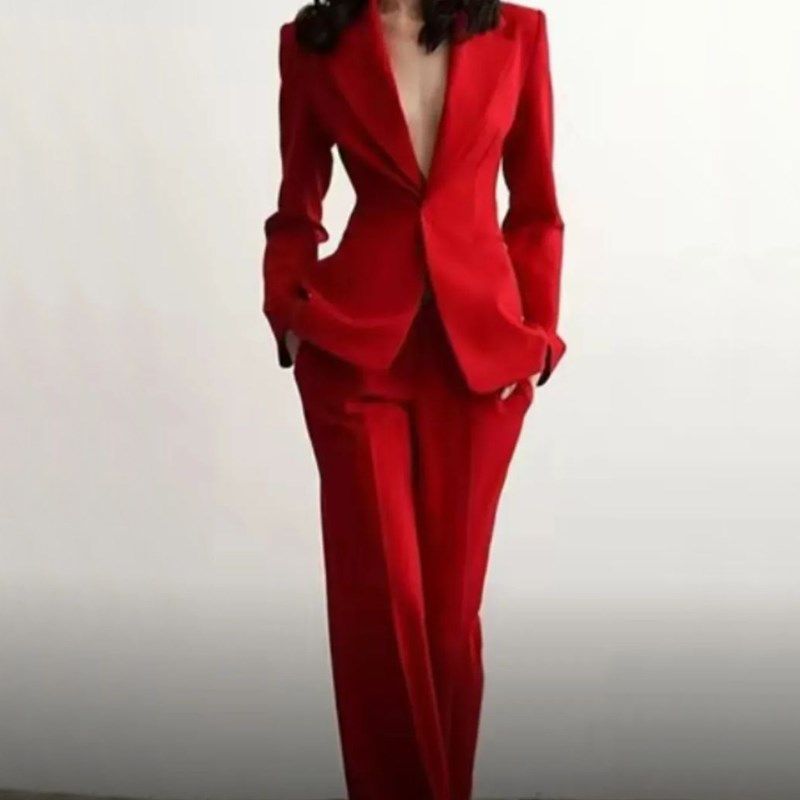 西装套装职业简约红色收腰气质女神范御姐高级感复古阔腿裤两件套,淘宝优惠券,粉丝福利购,淘宝优惠卷