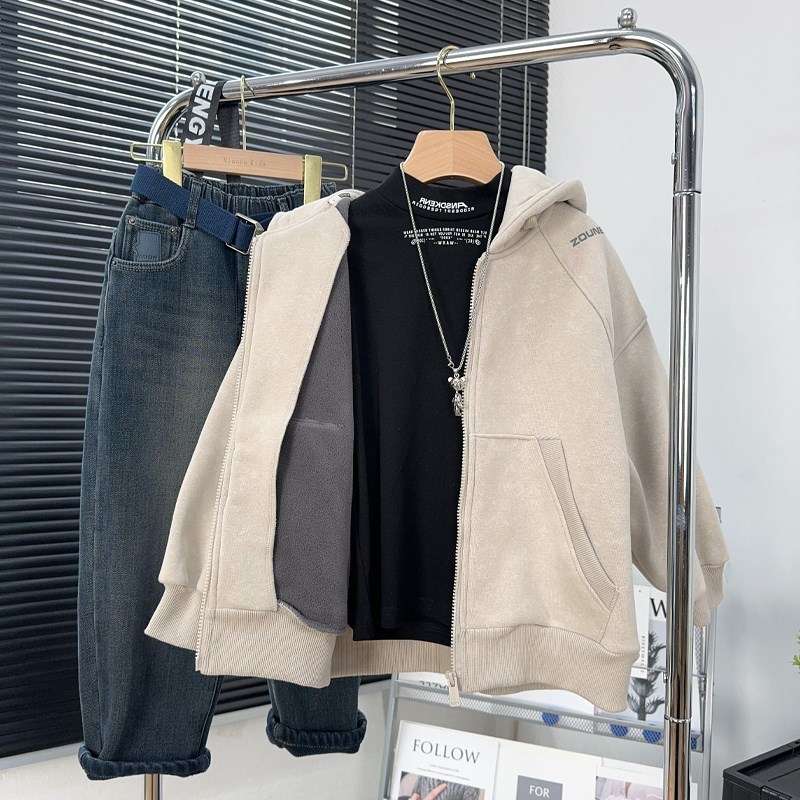 舟由童装男童加绒针织外套冬款中大童连帽休闲上衣儿童保暖拉链衫 - 图1