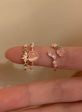 现货速发双层爱心锆石开口甜美设计小众高级感食指戒可调节指环