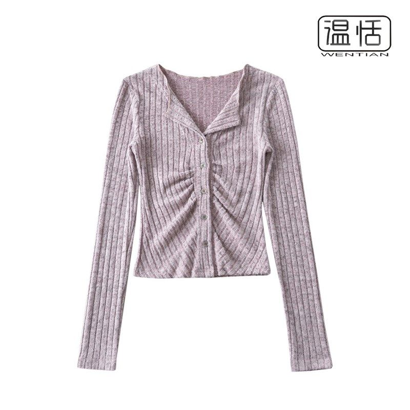 【包邮】2024秋季单排扣收腰褶皱坑条针织开衫女小翻领长袖上衣女,淘宝优惠券,粉丝福利购,淘宝优惠卷