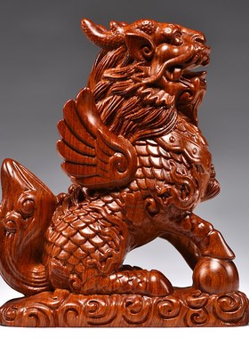 花梨木雕麒麟摆件一对木头卧室家用家居玄关桌面装饰店铺开业送礼