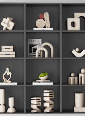 侘寂高级感洞石装饰品摆件覆古样板房酒店民宿壁龛书柜开 放格摆