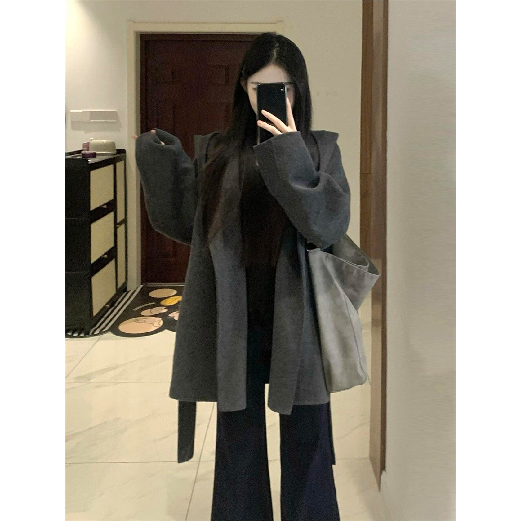 灰色韩系连帽呢子大衣女2025新款毛呢外套小个子赫本风高级感气质,淘宝优惠券,粉丝福利购,淘宝优惠卷